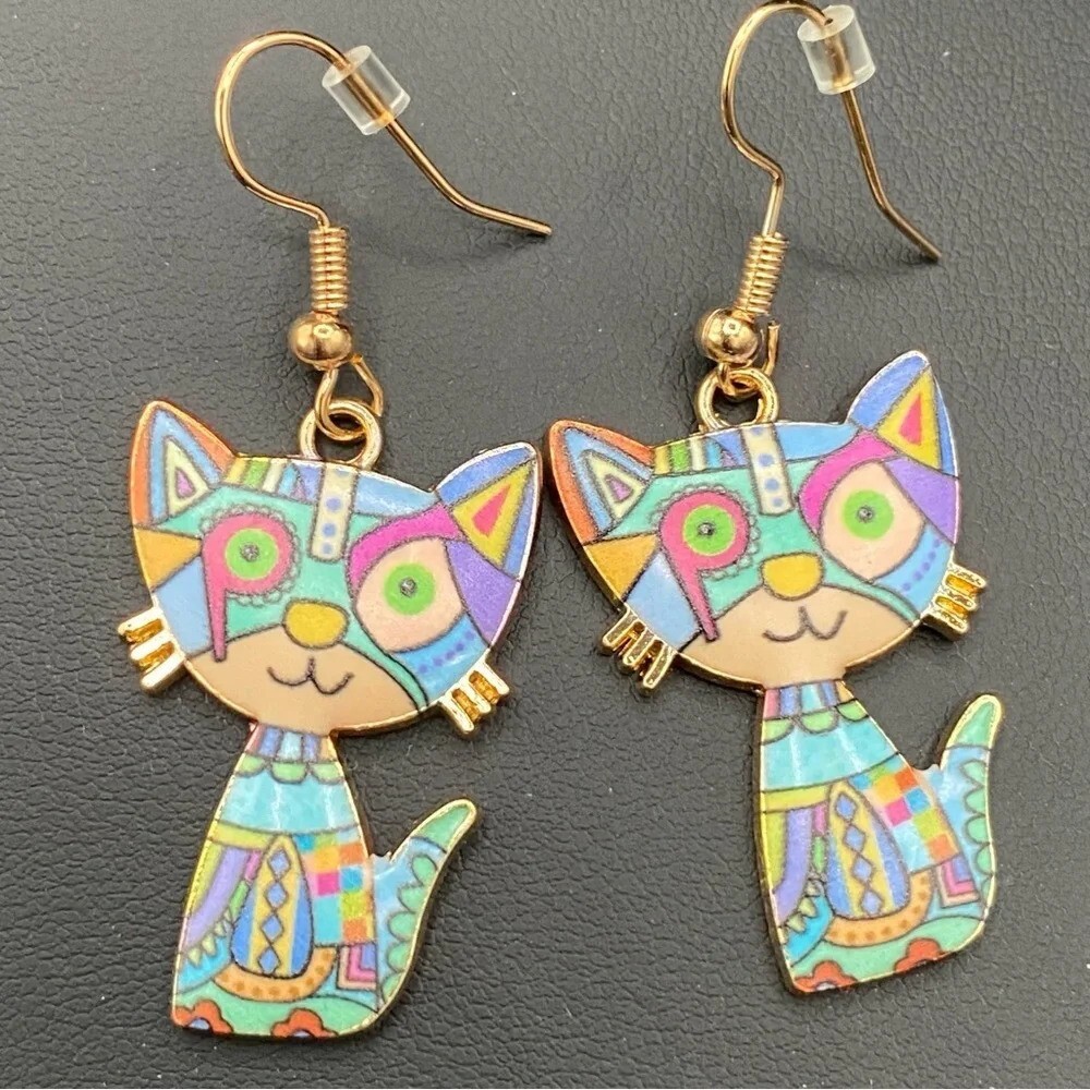 Mosaic Kitty Cat Earrings Pierced